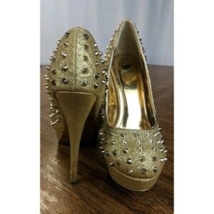 Shiekh Gold Spike Plattform Heels 5" Stilettos 1.25"‎ Platform Toe Size 7.5
